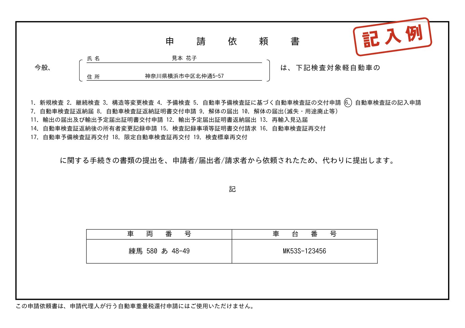申請依頼書(様式5)の記入例。窓口に行く人の氏名・住所、「6.自動車検査証の記入申請」に丸、車両番号と車台番号を記入