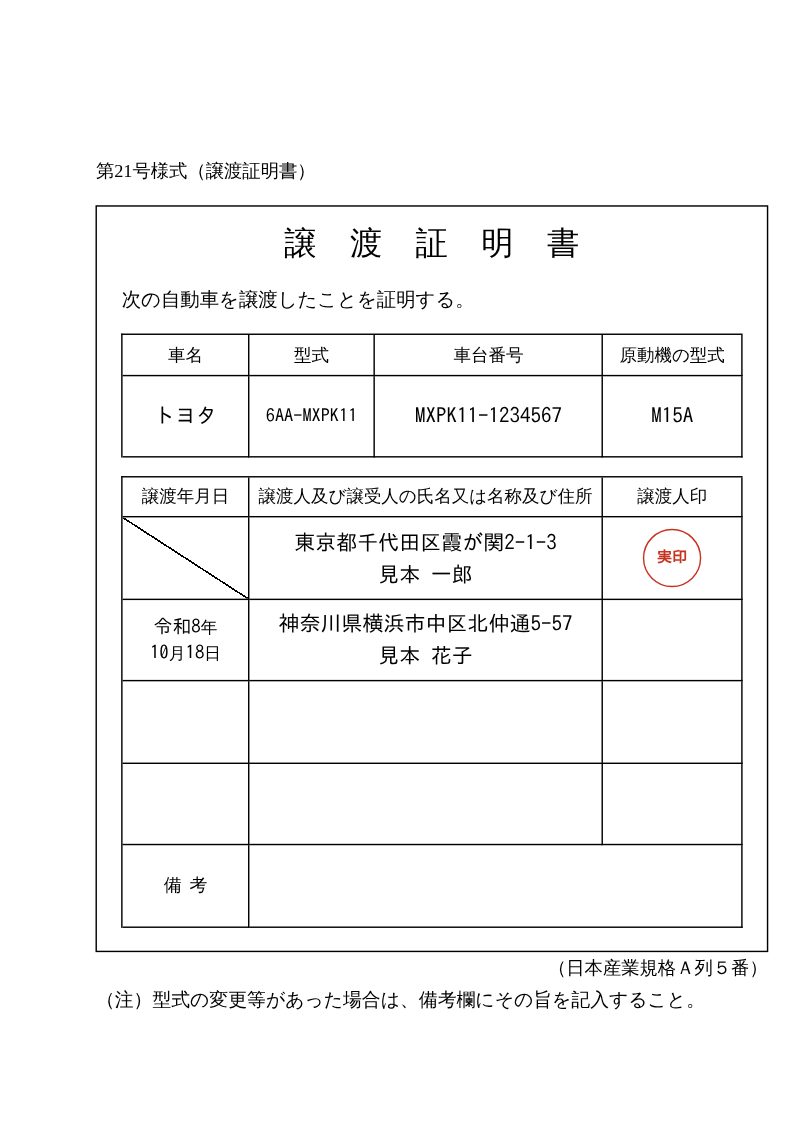 譲渡証明書の記入例。車名・型式・車台番号・原動機の型式、上の段に前の持ち主の住所・氏名と実印、2段目に譲渡年月日と新しい持ち主の住所・氏名を記入